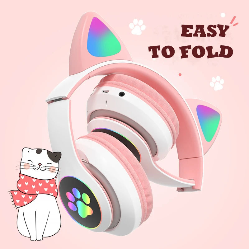 Flash Lamp Cute Cat Ears Headphone Bluetooth 5.0