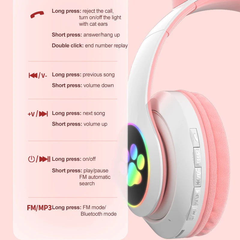 Flash Lamp Cute Cat Ears Headphone Bluetooth 5.0