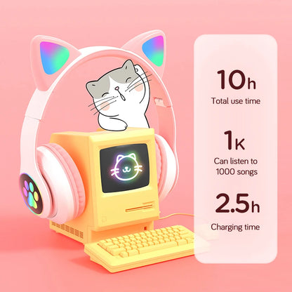 Flash Lamp Cute Cat Ears Headphone Bluetooth 5.0